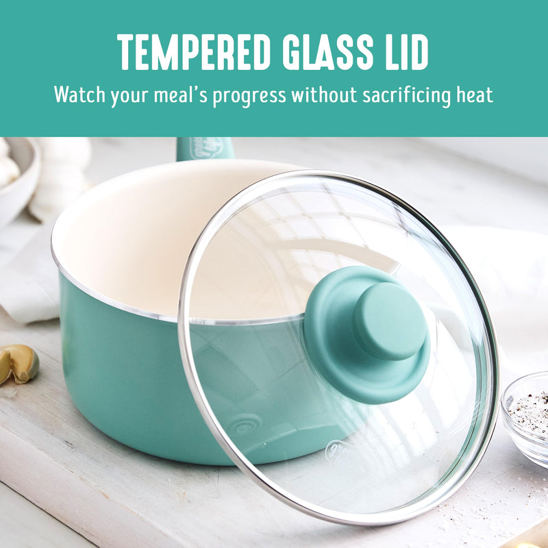 GreenLife 2.5QT Nonstick Saucepan with Glass Lid, Soft Grip, PFAS-Free Ceramic, Multipurpose Chef Pan, Milk & Sauce Cooking Pot, Dishwasher & Oven Safe to 350˚F, Stay-Cool Handle, Turquoise 2.5 Quarts