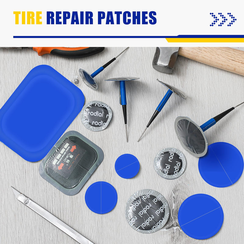 Tallew 74 Pcs Heavy Duty Tire Patches Kit Rubber Radial Tire Repair Patch Plug Kit Repair Emergency Tool for Puncture Car Truck Bus Tractor Vehicle Motorcycle 32mm, 42mm, 58mm, 65x80mm, 85x120 mm