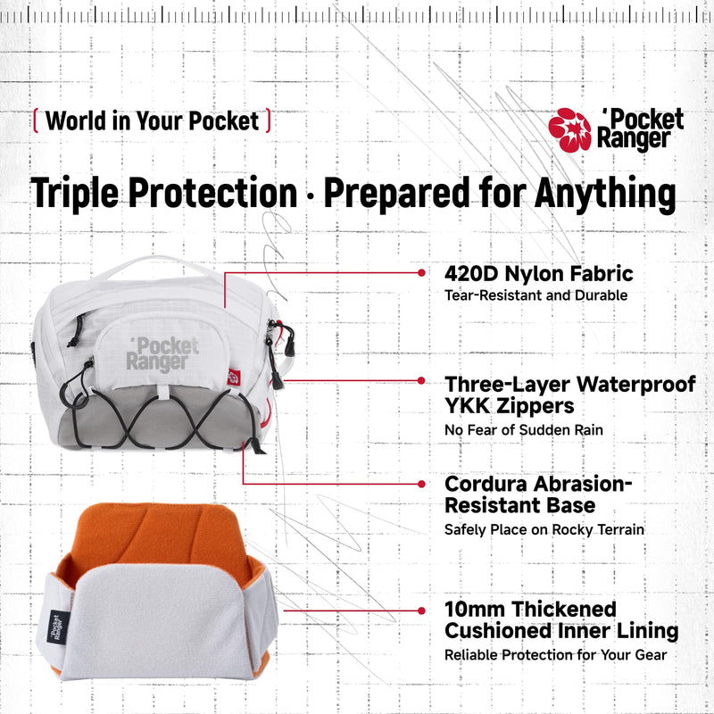 VSGO Pocket Ranger 2.4L Camera Waist Bag with Removable Padded Insert | 3 Carry Modes; 420D Nylon; Removable 10mm Padded Insert; Water-Resistant YKK Zippers; External Bungee Cord, White