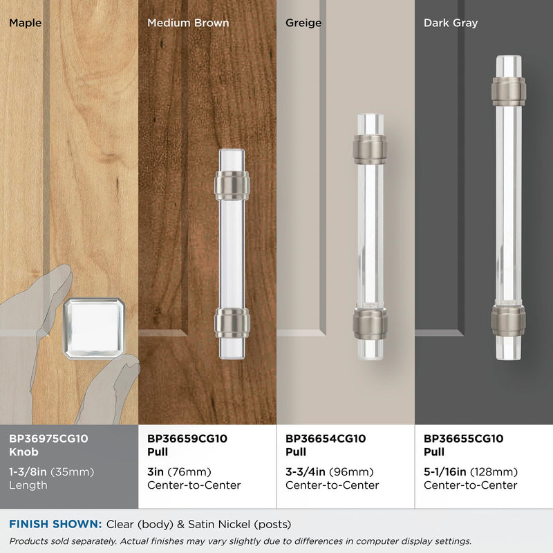 Amerock Glacio 1-3/8 inch (35 mm) Length Clear/Satin Nickel Cabinet Knob, BP36975CG10