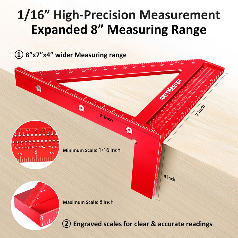 8 inch 3D Multi-Angle Measuring Square Ruler, WT103C High Precision Hole Scribing Woodworking Tools, 0-90° Aluminum Alloy Carpenter Square with Stair Gauges, Carpenter Pencils 6 Refills. 8 inch Square+Pencil+Stair Gauge Imperial