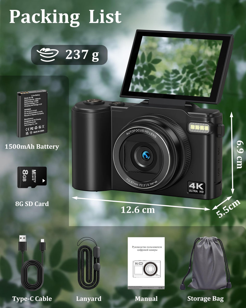 4K Digital Camera for Photography, 64MP Vlogging Camera for YouTube with 180° Flip Screen, 18X Zoom UHD Autofocus Video Camara, Compact with Micro SD Card for Teens, Boys & Girls, Beginners Black