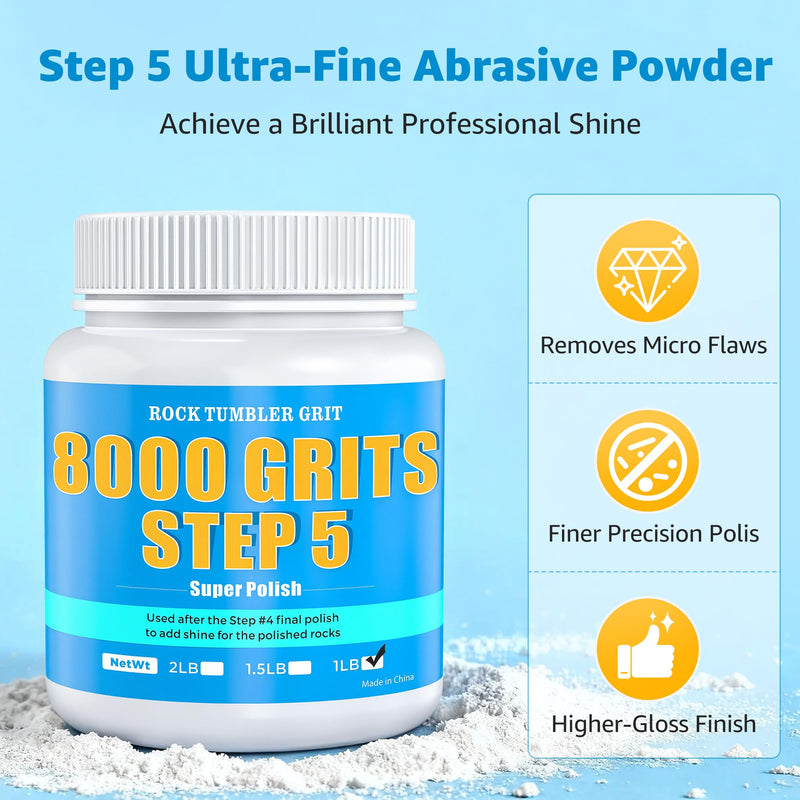 8000 Grit Aluminum Oxide Rock Tumbler Polish – Final Stage (Step 5), High Gloss Polishing Powder for Rocks, Gems, Glass & Jewelry Making, Polish Refill, 1 lb Advanced Polish : 8000 Grits
