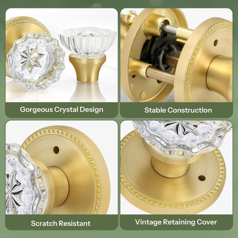 Moquin Modern Gold Interior Crystal Door Knob with Lock (No Key), Privacy Glass Door Knob with Privacy Button for Bathroom, Bedroom or Closet, Satin Brass Epiphyllum+Round with Bead Cover (Satin Brass)