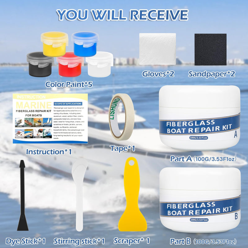 Marine Fiberglass Repair Kit for Boats, 200g/7.06oz Gel Coat Kepair kit for Boats, Epoxy Filler for Repairs Cracks, Scratches, Debris, Holes, Gaps, Suitable for Fiberglass, Acrylic, Porcelain