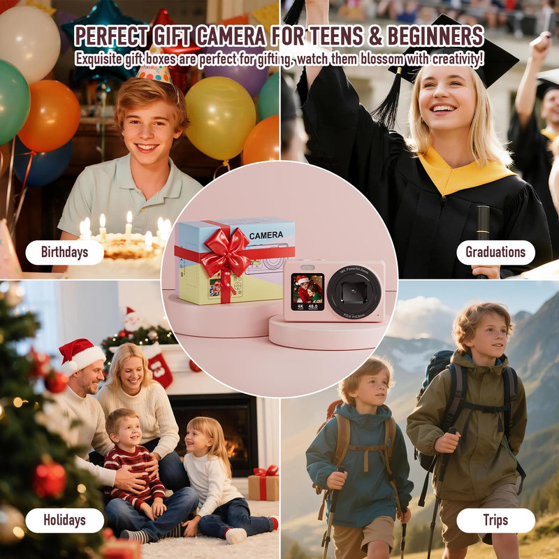 Digital Camera, 4K 48MP Autofocus Dual Screen for Selfies, 18X Zoom Fill Light, Portable Point and Shoot Travel Camera for Kids, Teens, Girls, Boys (SD Card Not Included)- Pink