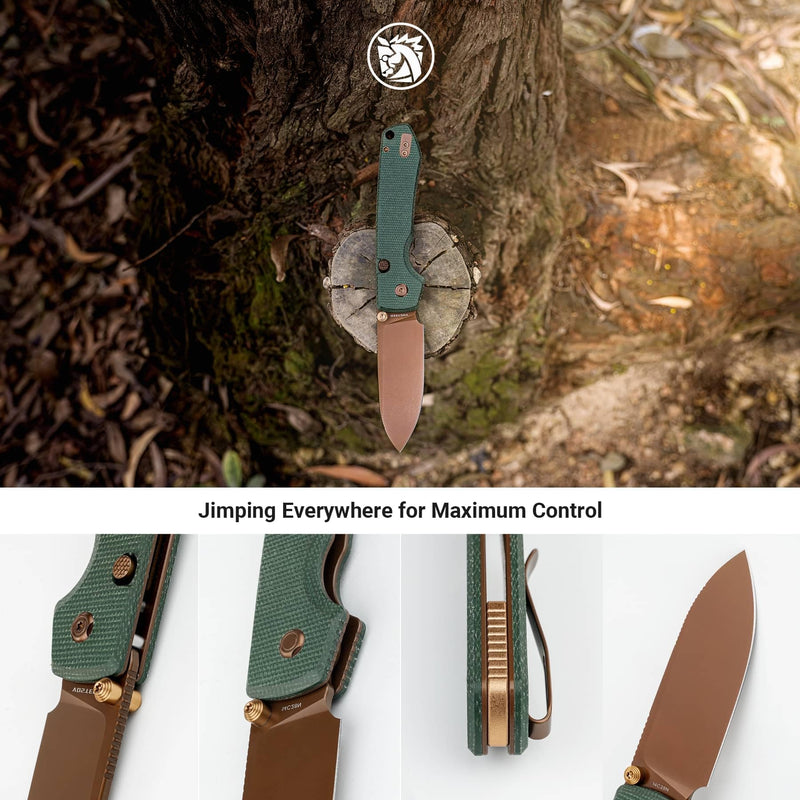 Vosteed Raccoon2.0 EDC Folding Pocket knives - Top Liner Lock, 3.25" Sandvik 14C28N Steel Rose Gold Blade, Green Micarta Handle for Camping Hiking - A2907 Green-Copper Dune