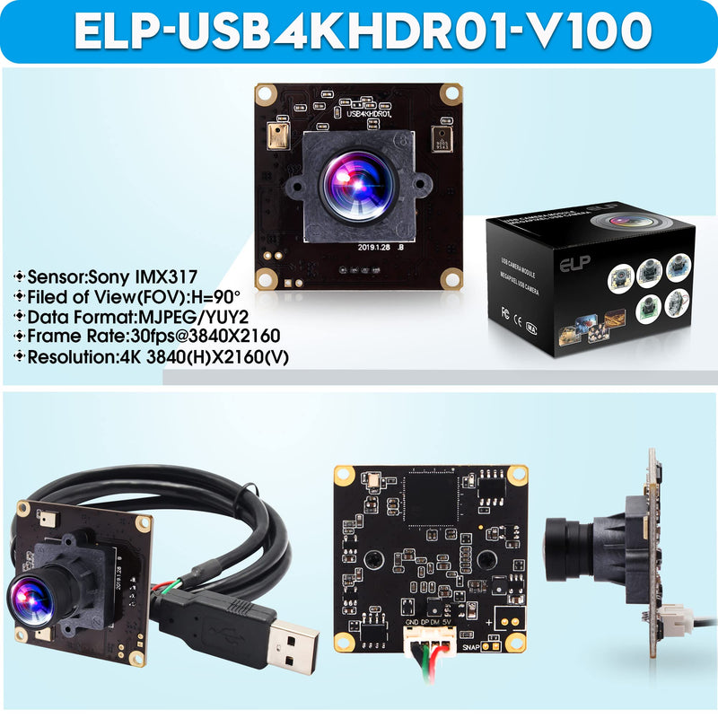 ELP 4K USB Camera Module with Microphone for Computer - 8MP Industrial Lightburn Camera IMX317 - 100 No Distortion Lens 100degree No Distortion Lens