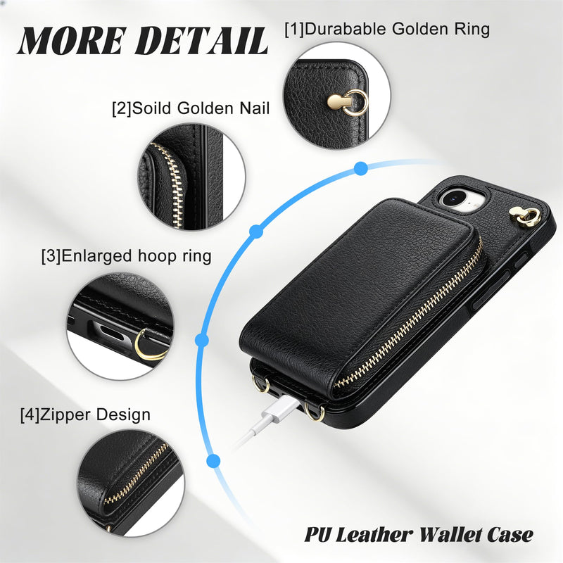 JAKPAK Wallet Case for iPhone 17e 16e with Card Holder & Crossbody Strap | Shockproof Leather Protective Phone Cover with Lanyard, Zipper Purse Case Women Men for iPhone 16e 17e 6.1 inch, Black iPhone 17e/16e 6.1”