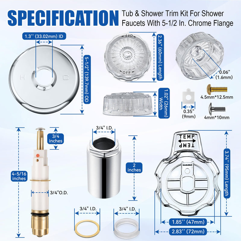 Single Lever Tub and Shower Rebuild Kit, Compatible with Mixet Shower Valves Repair Parts, Includes Cartridge Stem, Shallow Flange, Temperature and Volume Control Handle (Clear Handle)