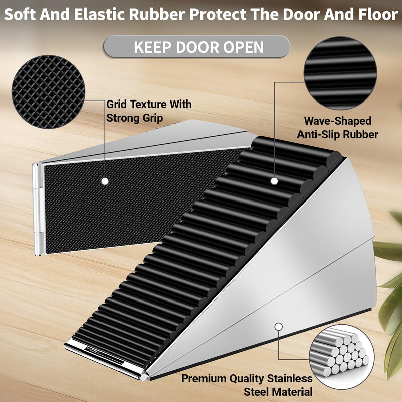 ZDZQJIA Heavy Duty Door Stoppers for Bottom of Door -Adjustable Spring Large Door Stop Wedge, Anti-Slip Rubber Grip,3" High Metal Doorstop Suits Carpet,Tile,Commercial,Home-Silver4Pc+4 Wall Protectors Silver4Pc