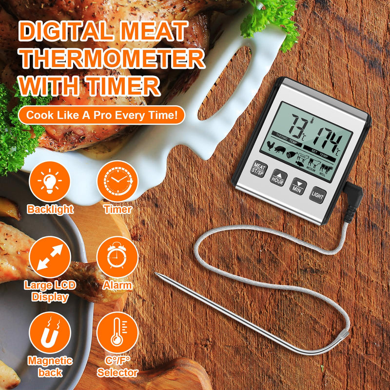2 Pcs TP710 Digital Cooking Meat Thermometer, Large LCD Backlight Food Thermometer with Stainless Steel Probe and Timer for Kitchen Oven BBQ Grilling Deep Fry Smoker