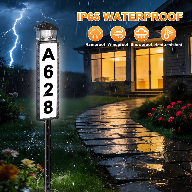 Solar Address Sign, Lighted House Numbers for Outside with Dual Solar Panels, 3 Color LED Illuminated Address Plaque Outdoor with Stake, Waterproof Solar Powered Address Numbers for House Yard Street Black