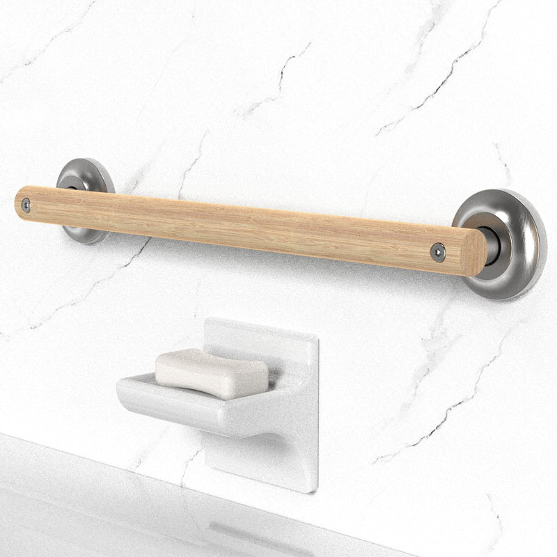 Natural Bamboo Grab Bar for Bathroom & Toilet, ADA Compliant Balance Assist Handrail for Handicap and Seniors, 18in Brushed Nickel