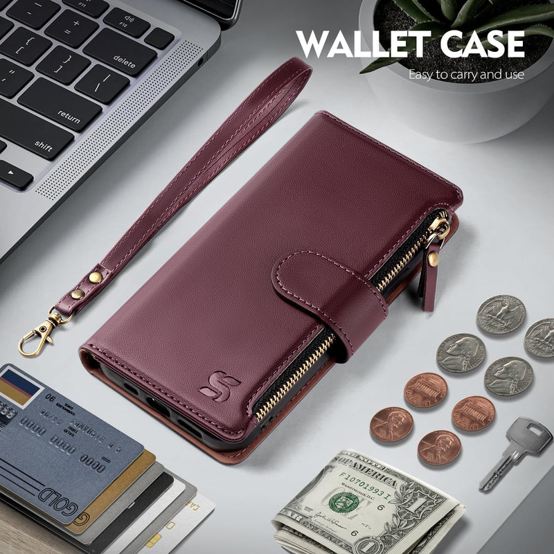 Shieldtop Compatible with Google Pixel 10a Wallet Case with Card Holder,Women Men RFID Blocking PU Leather Phone Case Flip Protective Cover Wrist Strap Zipper Credit Card Slots,Wine Red Pixel 10a - 6.3" Wine Red