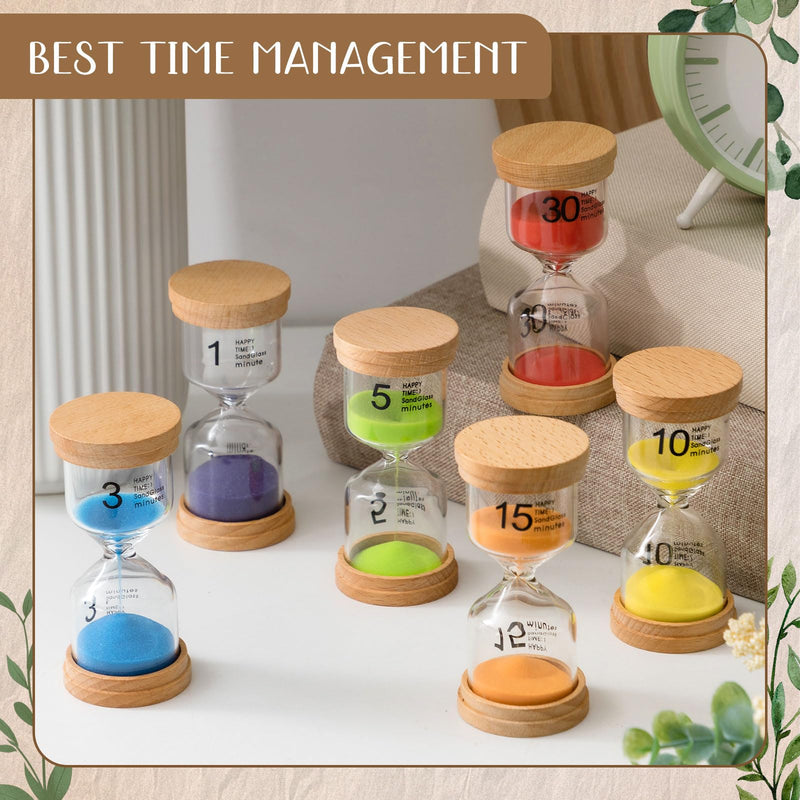 Kingdder Pack of 6 Wooden Sand Timer Set Operation Colorful Hourglass Timer Sandglass 1/3/5/10/15/30 Minutes Wood Sand Clock for Back to School Classroom Office Kitchen Cooking Home