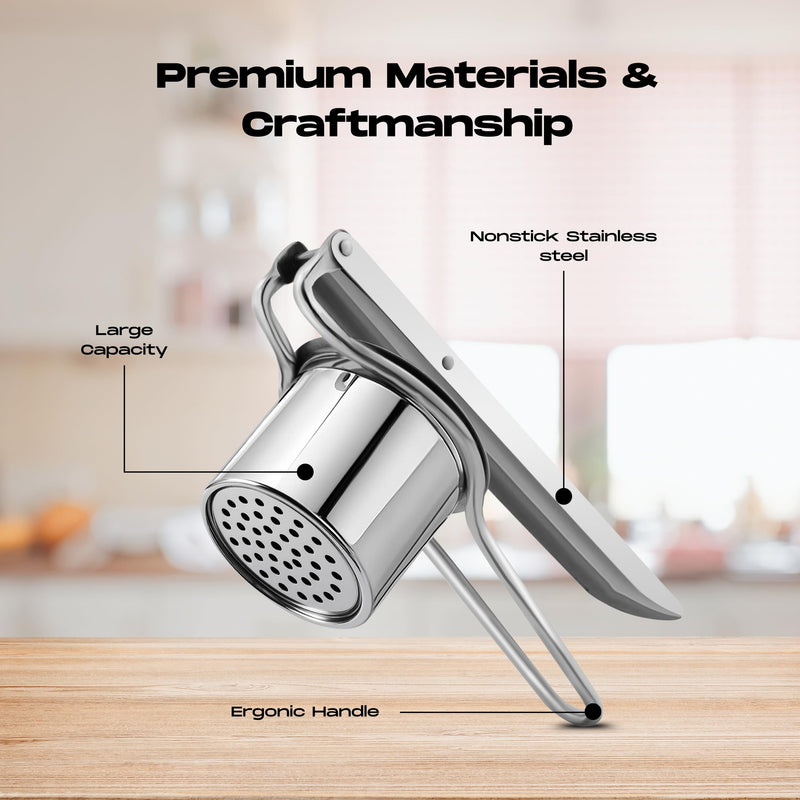 Large 15oz Potato Ricer Masher, Heavy Duty Stainless Steel Vegetable, Fruits Potato Masher and Ricer with 2 Interchangeable Disc kitchen Tool, Press and Mash Kitchen Gadget For Perfect Mashed Potatoes