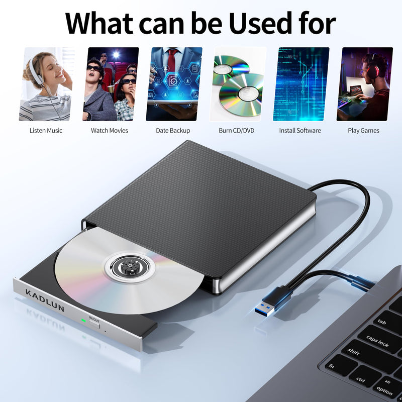 External CD DVD Drive for Laptop USB 3.0 USB C CD Burner External DVD Drive Portable CD ROM Burner Reader Writer Drive External DVD Player for Laptop Desktop PC Windows 11/10/8/7 MacBook Mac OS Linux black-2 in 1