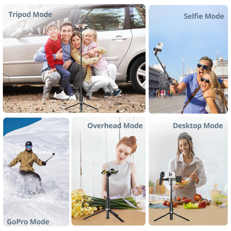 ATUMTEK 63" Phone Tripod, Extendable Selfie Stick Tripod with Bluetooth Remote, All-in-One Aluminum Phone Tripod Stand with Cold Shoe Mount for 4"-7" iPhone and Android Smartphones Black 63"