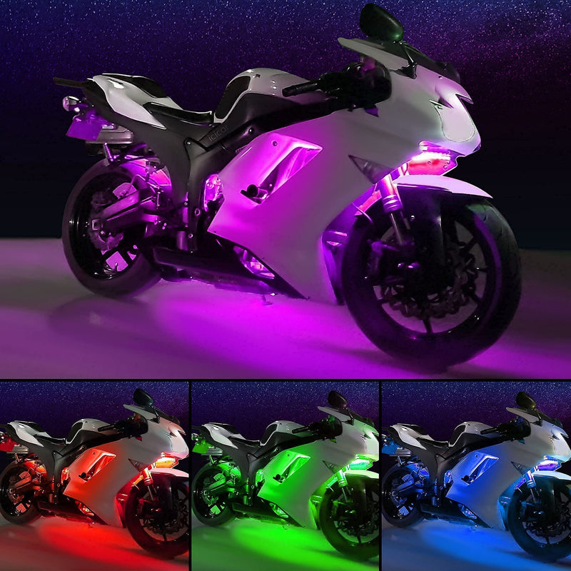 8PCS RGB Motorcycle LED Underglow Kit, App Control Dual Remote Multi-Color IP68 Waterproof Music Sync Accent Light with Brake Turn Signal for Harley Honda Golf Cart 8PCS