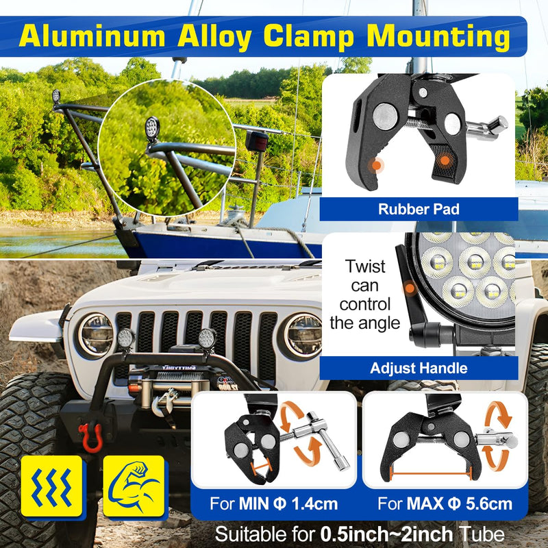 LED Boat Spotlight with Mounting Clamp, Super Bright LED Work Light 12V Marine Spot Lights for Boats Night Fishing, Battery Clamps/Cigarette Lighter Power Boat Headlights for Kayaking Camp Truck RV