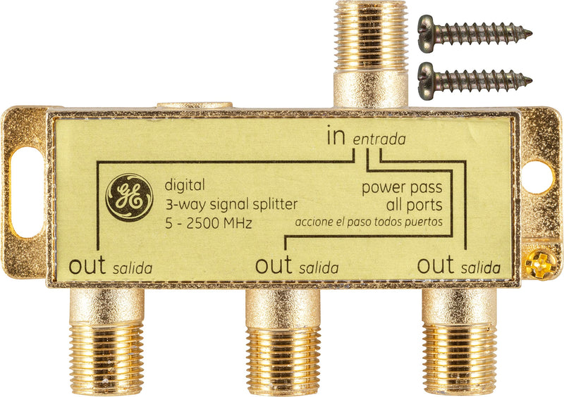 GE Digital 3-Way Coaxial Cable Splitter, 2.5 GHz 5-2500 MHz, RG6 Compatible, HD TV, Satellite, High Speed Internet, Amplifier, Antenna, Gold Plated Connectors, Corrosion Resistant, 73756 1 Pack