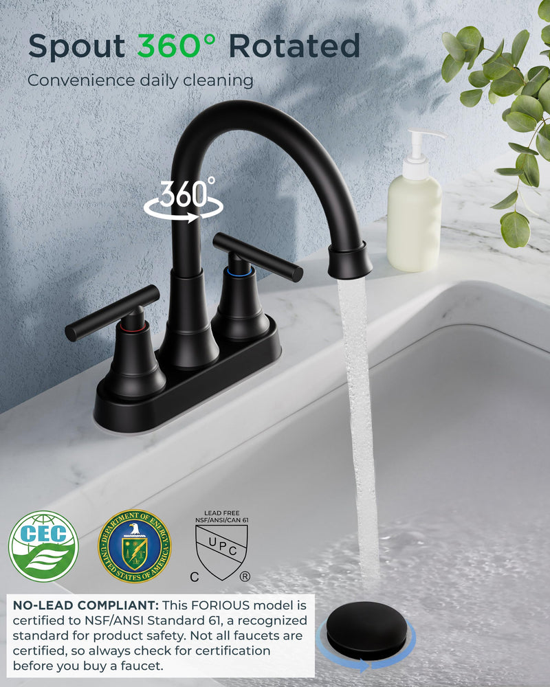 FORIOUS Matte Black Bathroom Faucets, 4 Inch Centerset Bathroom Sink Faucet 2 or 3 Hole with Pop up Drain and cUPC Hose, Two Handles Control, 360° spout for Restroom,Vanity, RV Classic