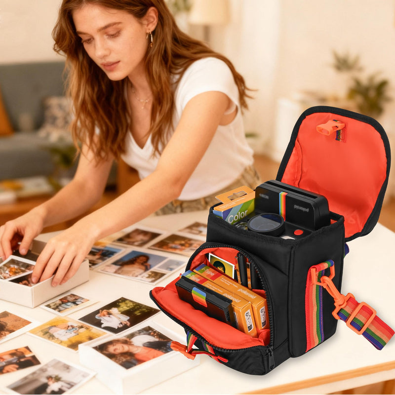 Camera Case for Polaroid Now 3rd/2nd Gen with Photo Display Window | Instant Camera Sling Bag with Clear Display Window, Quilted Front Pocket, 8mm Padding, Top Handle and Adjustable Strap, Black