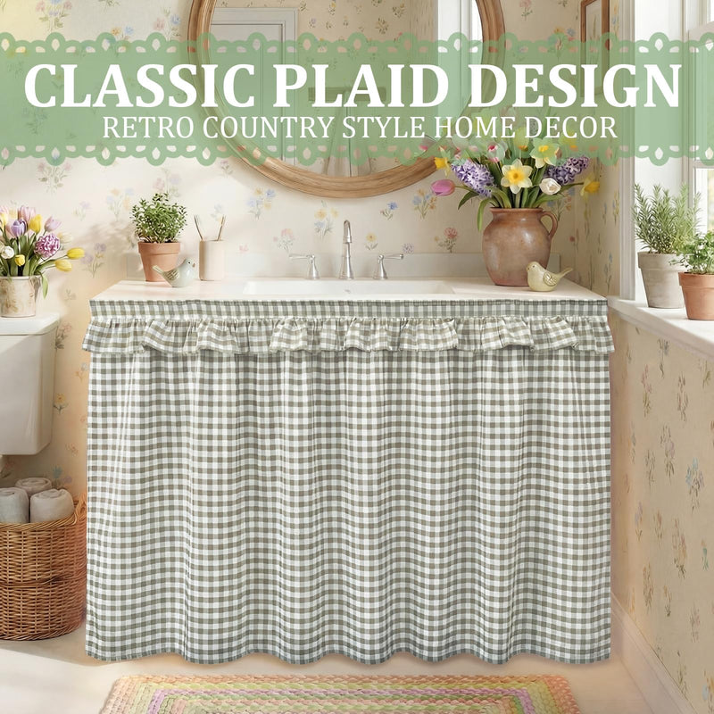 Green Ruffle Gingham Sink Skirt Self-Adhesive Bathroom Stitch Self Stick Adhesive Fabric Under Sink Curtain Skirt 55'' x 32'' for Bathroom Kitchen Laundry Utility Room Decor (32 x 55in) Green 32 x 55 in Plaid