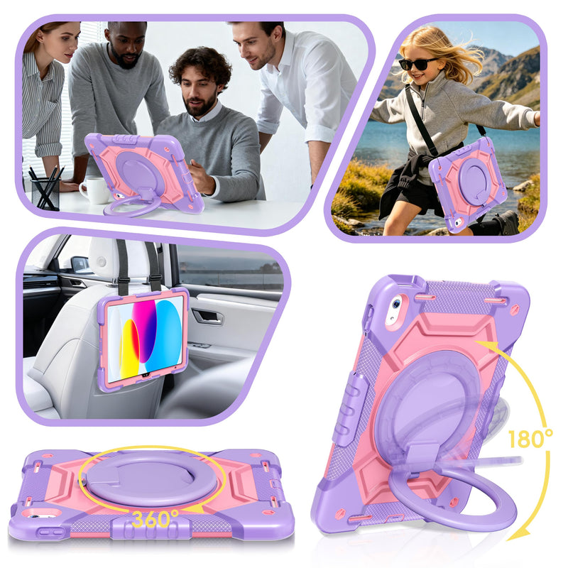 Case for iPad (A16) 11th Generation 11 inch 2025/10th Generation 10.9 inch 2022, Shockproof Cover with Screen Protector/360° Rotate Handle/Bracket/Pen Holder/Shoulder Strap (Purple+Pink) Purple+Pink