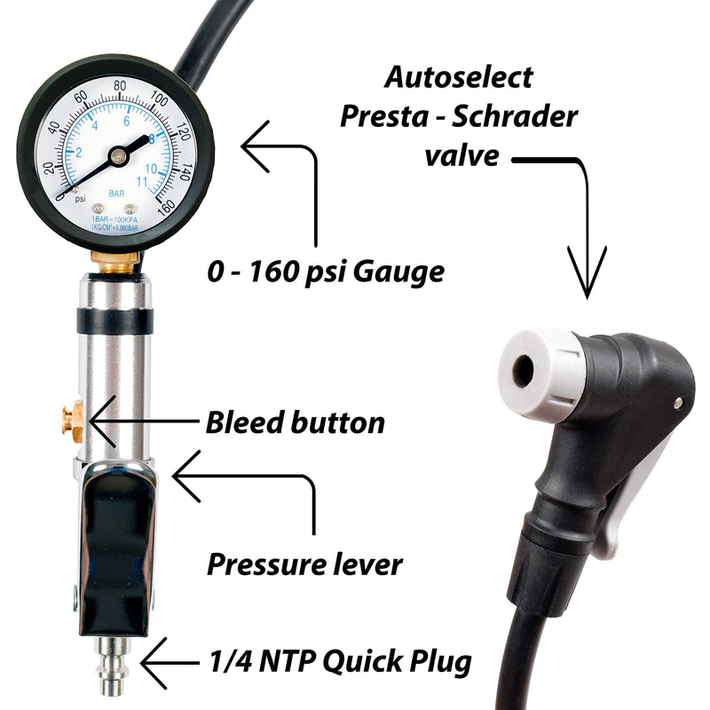 Universal Bicycle Tire Inflator Gauge with Auto-Select Valve Type - Presta and Schrader Air Compressor Tool Dial 2"