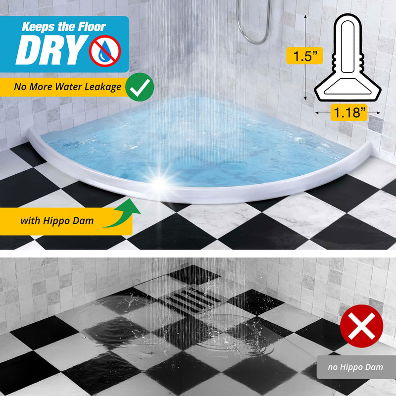 Shower Threshold Water Dam Barrier 67" - White Collapsible Shower Water Blocker - Shower Guard for Walk in Shower - Water Guard Stopper for Floor - Shower Dam - 1.5" Tall - By Hippo Dam 67 In