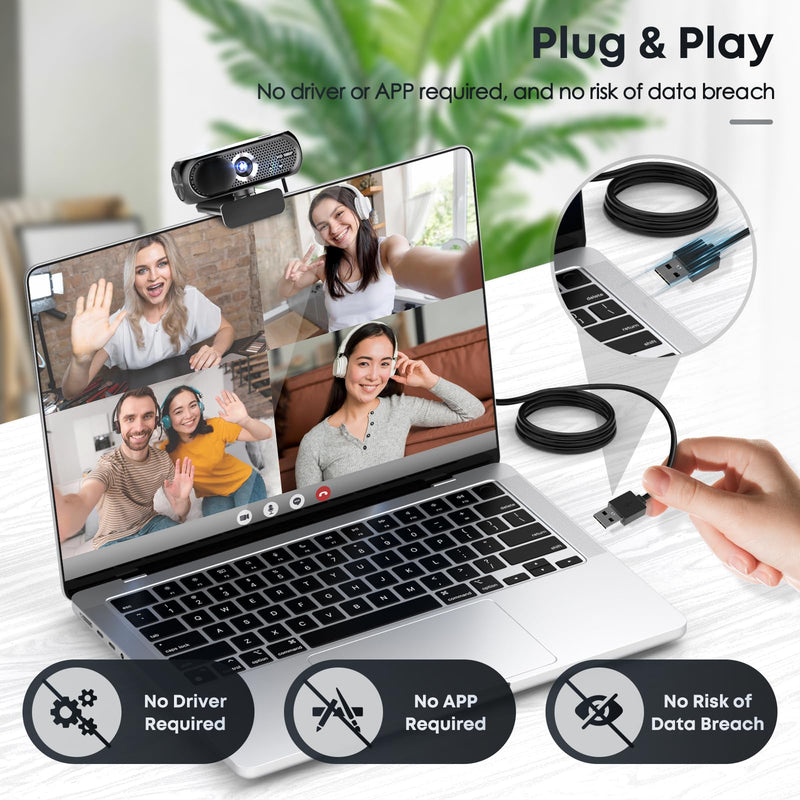 1080P HD Webcam with Microphone, Noise Cancellation, Privacy Cover, Wide-Angle Lens, Auto Light Correction, Plug & Play USB Webcam for Laptop, Desktop, PC, Mac, Zoom, Skype, Streaming (Black) Black