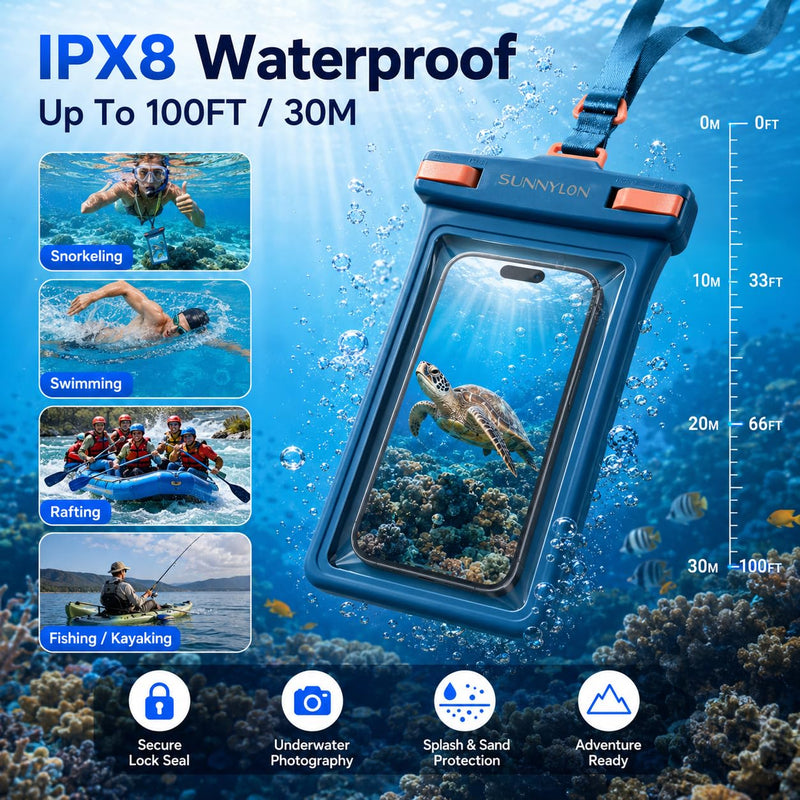3D TPU Waterproof Phone Pouch, IPX8 Underwater Phone Case 100FT, Touch Screen Cell Phone Dry Bag with Lanyard, 7 Inch Fits iPhone 17-14 Pro Max, Samsung Galaxy S26/S25/S24 Ultra (Blue+Black) Blue+Black