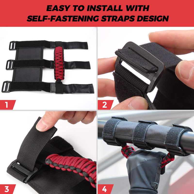 KEMIMOTO UTV Grab Handles, Heavy Duty Nylon UTV Hand Grips Fit 1.5-2 inches Roll Bar Compatible with Polaris RZR, Can-Am X3, Kawasaki Mule Teryx, Talon, Wildcat 2 PCS Red