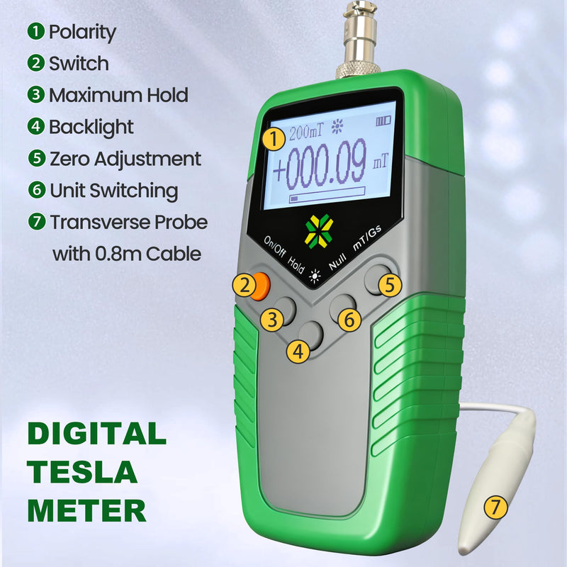 Digital Tesla Meter Gaussmeter with 0-200mT/0-2000mT Range Gauss Meter with Accuracy ±2% (0~1000mT)/±5% (1000~2400mT) Magnetic Field Tester with Backlight for DC Magnetic Fields (Model TES11A) Standard Version