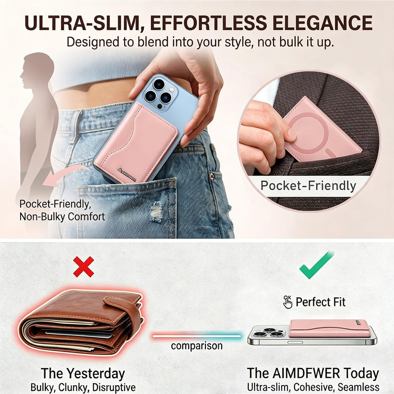 MagSafe Wallet Stand with ID Window, 7 Card Holder with RFID Blocking for MagSafe Phone and Case, Slim Leather Magnetic Wallet for iPhone 17e/17/16/15/14/13/12 Series(Pink) Pink