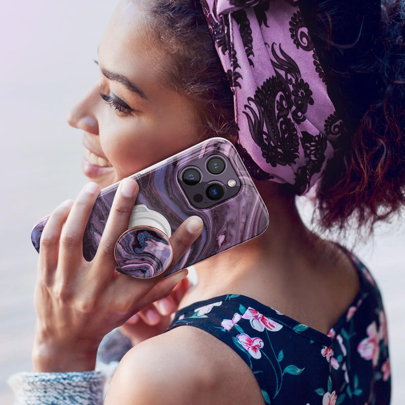GVIEWIN Marble Glitter Phone Grip with Foldable Kickstand, Soft Plastic Cell Phone Grip Stand Holder for iPhone 15 Pro Max/15 Plus/14/13/12 & Galaxy S24/S23 Ultra and Other Phones(Quicksand/Purple) Quicksand/Purple