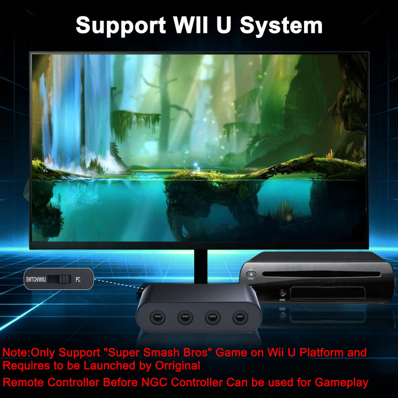 Gamecube Controller Adapter for Wii U, PC Windows, Nintendo Switch/OLED/Switch 2 Gamecube Converter, Support 4 Gamecube Controller to Play Supper Smash Bros with 3.3ft Long Cable