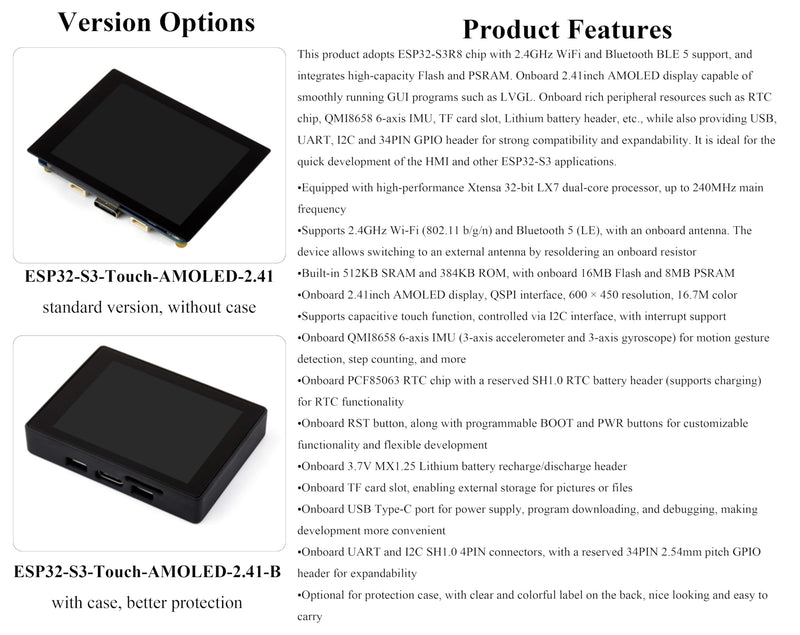ESP32-S3 2.41inch AMOLED Touch Display Development Board, 600x450, 32-bit LX7 Dual-core Processor, Onboard Accelerometer and Gyroscope Sensor, ESP32 with Display (with Case Version)