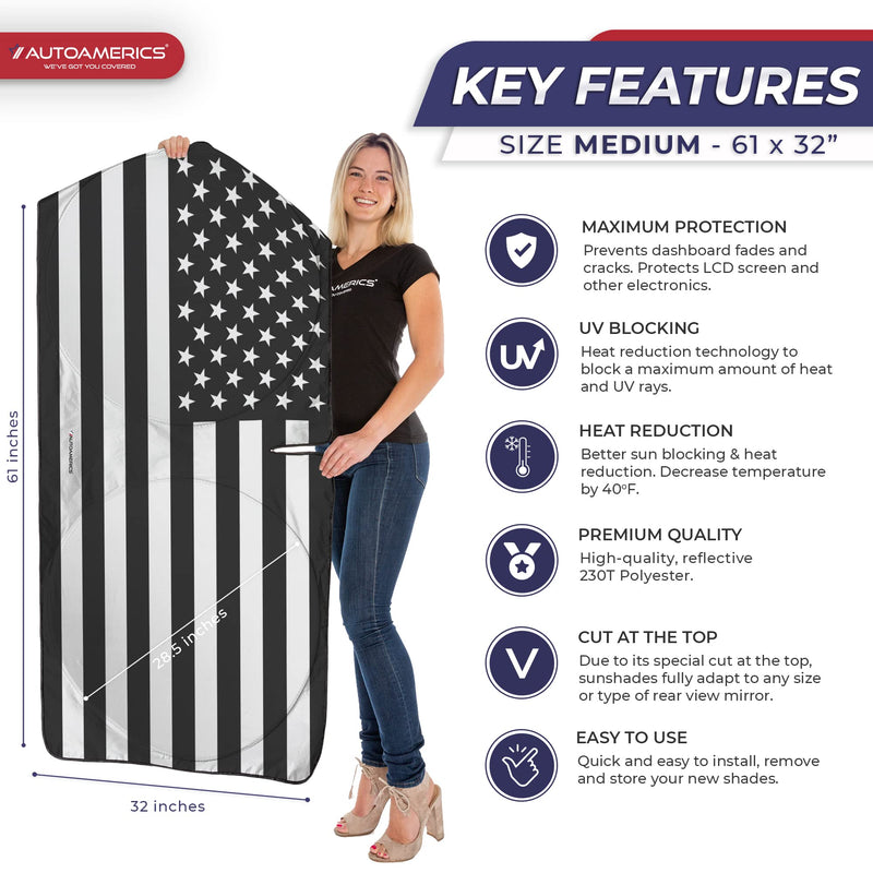 Autoamerics 1-Piece Windshield Sun Shade B&W American Flag USA Patriotic Design - Foldable Car Front Window Sunshade for Most Sedans SUV Truck - Blocks Max UV Rays and Keeps Your Vehicle Cool - Medium USA B&W FLAG MEDIUM = 61 x 32 inches