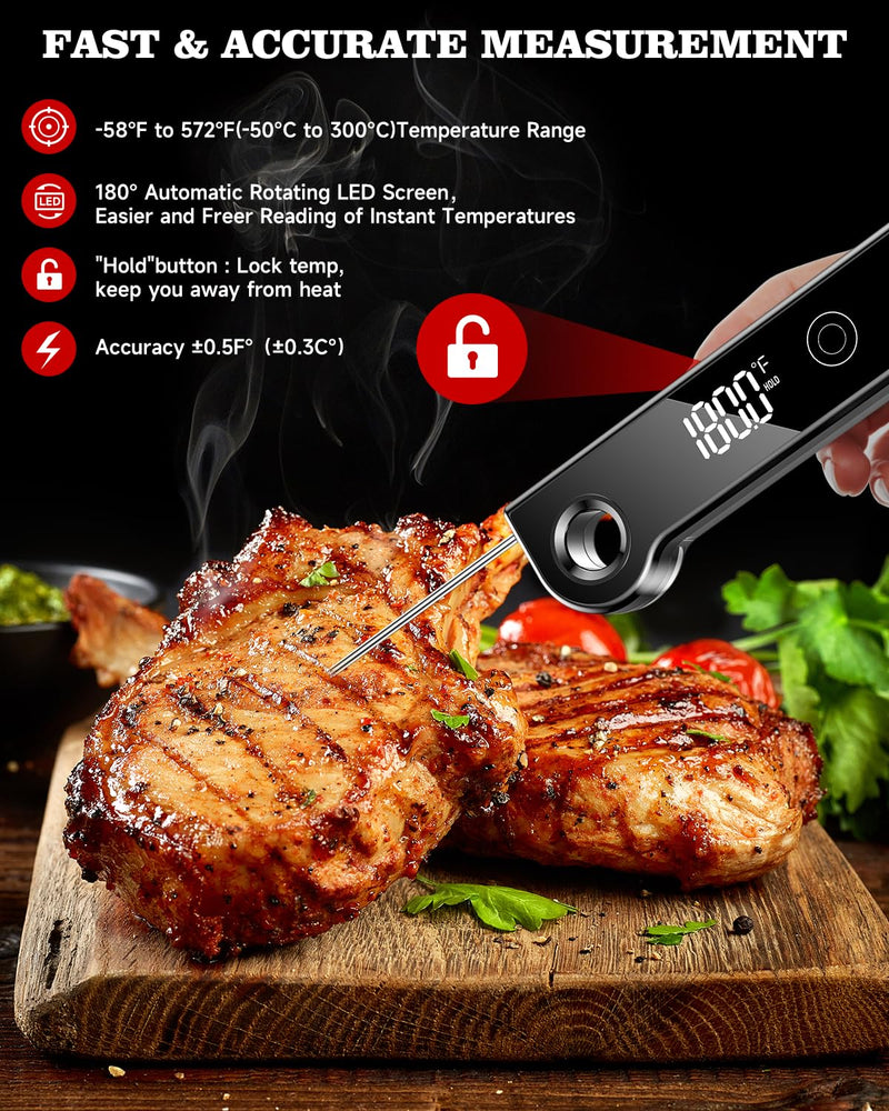 2025 Meat Thermometer Digital, ±0.5°F Accuracy Instant Read Thermometer180° Rotating Display, Calibratable and Auto Off, IP67 Waterproof Food Thermometer for Cooking,Grill,Oil Deep Fry, Brewing,Candy Black