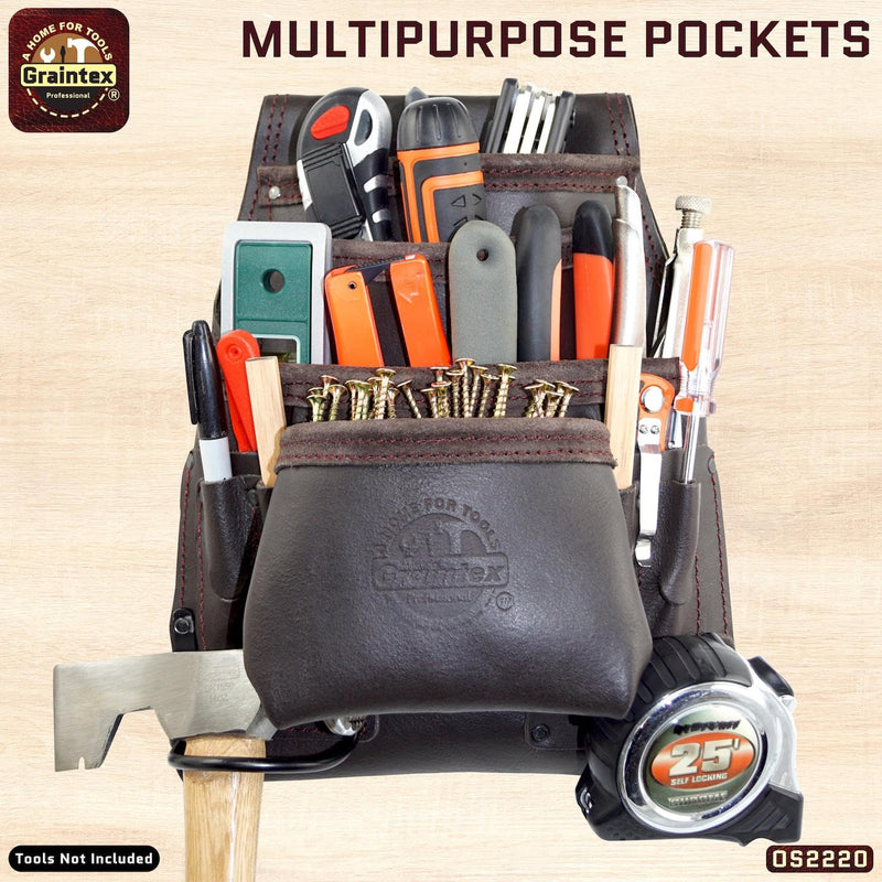 Graintex OS2220 10 Pocket Oil Tanned Leather Nail & Tool Pouch Dark Brown Color for Constructor/Electrician/Plumber