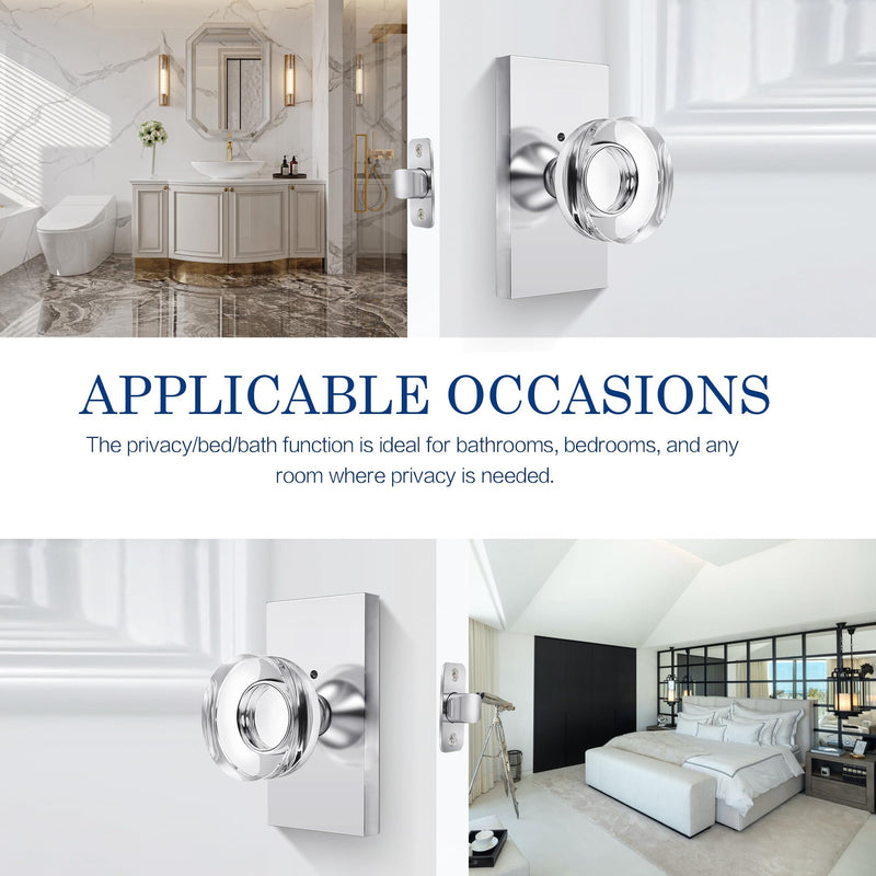 Polished Chrome Crystal Privacy Door Knob, Zinc Alloy, 1Pack | Glass Interior Door Handle for Bedroom Bathroom |Water Proof|Adjustable Latch|Reversible Polished Chrome