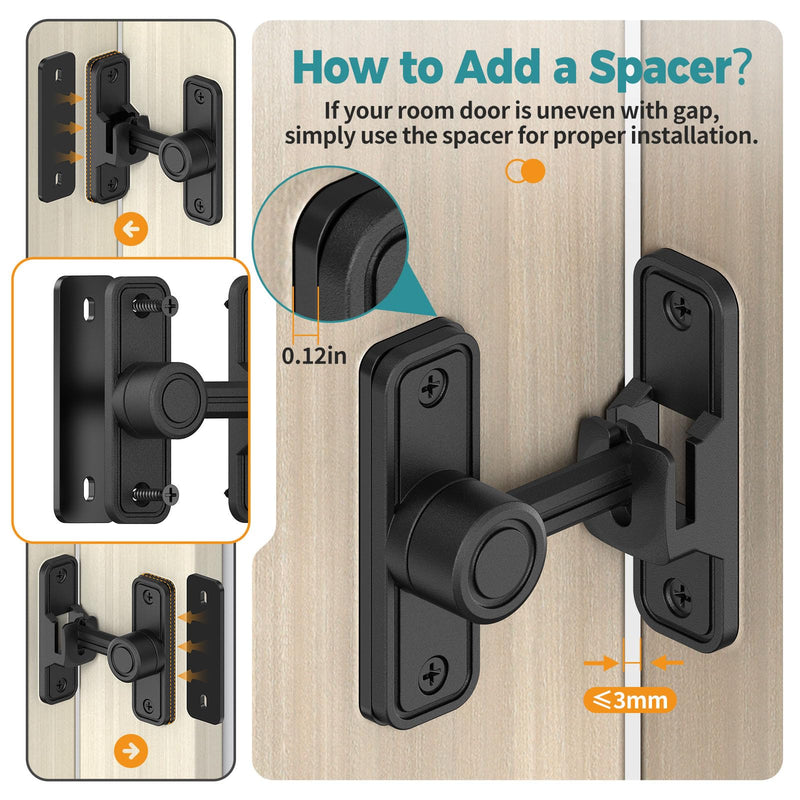 Barn Door Lock- Heavy Duty Zinc Alloy 90/180 Degree Sliding/Swing Door Latch for Barn, Gate, Screen, Fence, Cabinet (Black-2 Pcs) Black-2 Pcs
