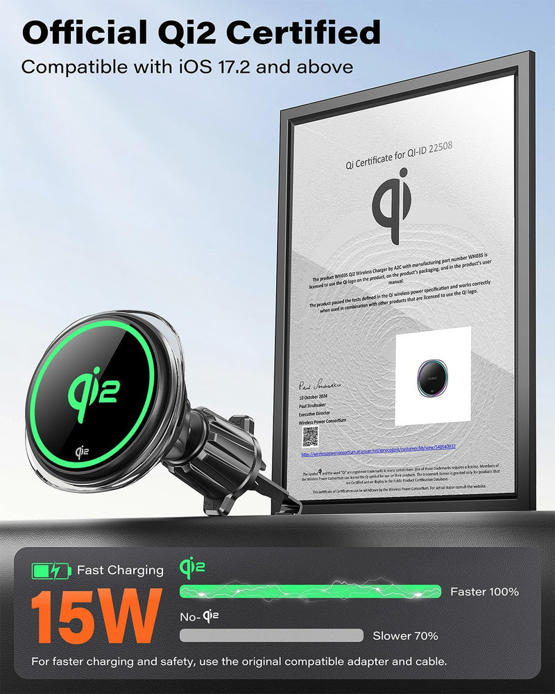 A2C Qi2 15W Wireless Car Charger CD Mount for MagSafe CD Slot | Air Vent | Magnetic Wireless Charger Phone Holder with TEC Thermoelectric Cooler, Fast Charging for iPhone 17 16 15 14 13 12 Series