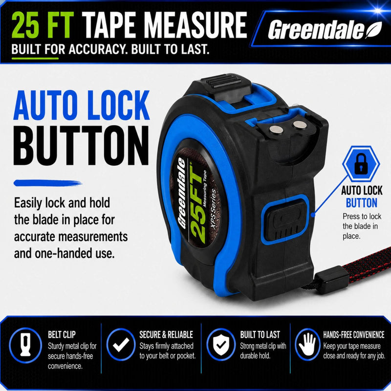 Greendale – 3 Pack Tape Measures 25 ft – Easy-Read Fractions, Magnetic Tip, Quick-Lock & Auto-Retract – Heavy-Duty Measuring Tape with Belt Clip – Blue 25ft