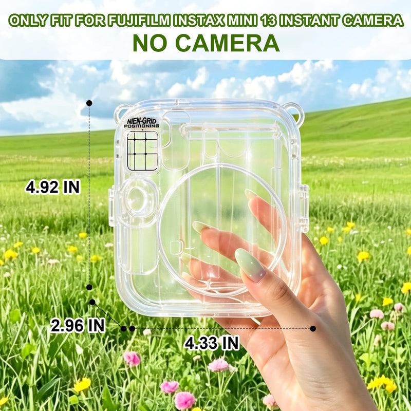 Clear Camera Case for Fujifilm Instax Mini 13, Purple Camera Strap | Protective Cover with Anti-Accidental Shutter, 4 Composition Cards, Photo Storage Holds 10 Films,Clear Hard Shell, No Camera