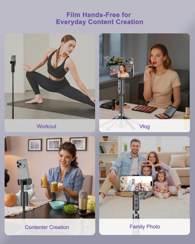 59" Extendable 360° Auto Face Tracking Phone Stand with Remote and Fill Light, No App Needed, Black Tracking Tripod for iOS and Android, Ideal for Content Creators and Video Recording Light+Black