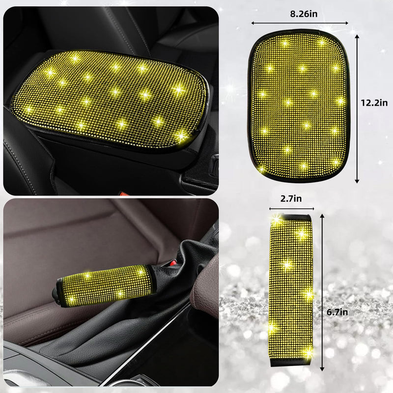 NBTEPEM 30 Pcs Yellow Bling Car Accessories Set for Women, Steering Wheel Cover Set, Bling Console Cover, Seat Belt Cushion, Shift Knob Cushion, Cup Holder Coaster, Rhinestone Car Hanging Accessories Yellow Diamond